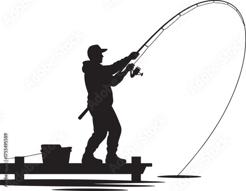 Fisherman Silhouette Casting Rod on Wooden Dock