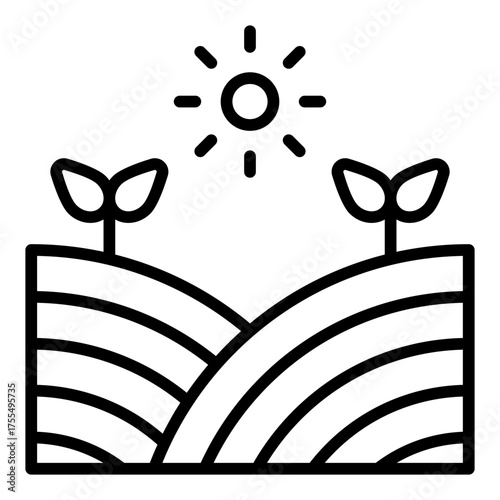 Farm field icon. Agricultural landscape and cultivation area concept. Irrigation system and crop management illustration. Line Icon