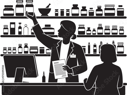 Pharmacist assisting customer drugstore holding medication bottle shelves with various medicines