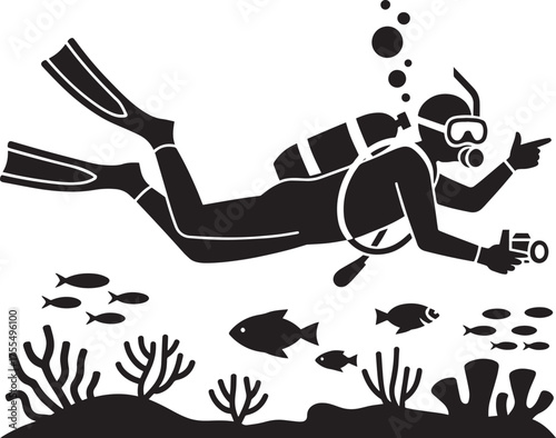 Scuba Diver Silhouette Underwater Pointing at Fish and Corals with Camera