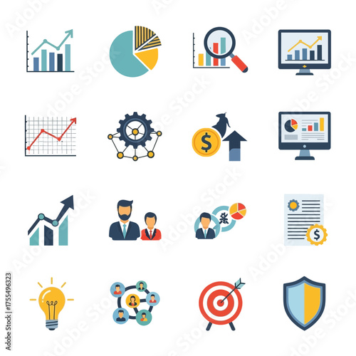 Vector SVG Icon Set of Business Data Charts Graphs and Analytics in Flat Modern Style with Blue Yellow Red Colors for Web and Digital Applications