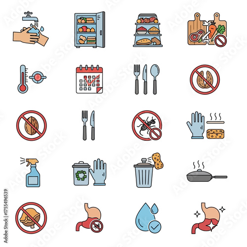 Minimalist Vector SVG Food Safety Icons Collection with Clean Line Design and Subtle Color Palette