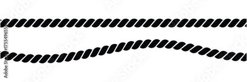 Rope, twine, jute , straight, wave and twisted with loops. Graphic line art hand drawn on the theme of sea and fishing in black and white ink. Set of elements isolated from the background in EPS 10.