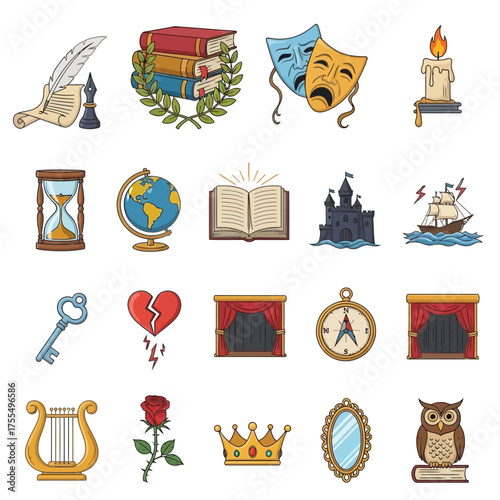 Vector SVG Icon Set with Literary and Artistic Elements in Flat Design Style featuring Books Masks Hourglass and Owl