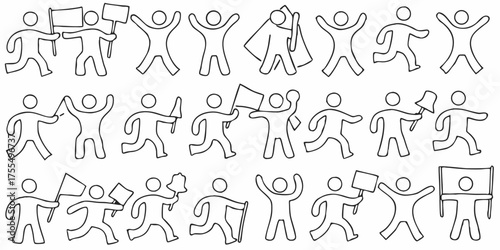 Collection of simple stick figure people in various poses holding flags and signs in a protest or demonstration