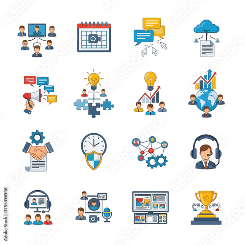 Vector SVG Icon Set of Business Communication and Data Analysis Elements in Flat Style with Bright Colors