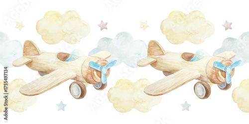 Wooden toy airplane with clouds and stars seamless border. Hand drawn watercolor illustration isolated. Pastel clip art for birthday cards, baby shower invitations and nursery wallpapers.