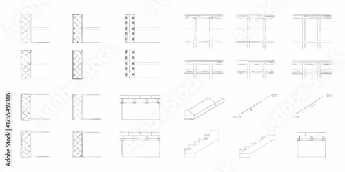 Architectural construction details and elements in a schematic drawing style