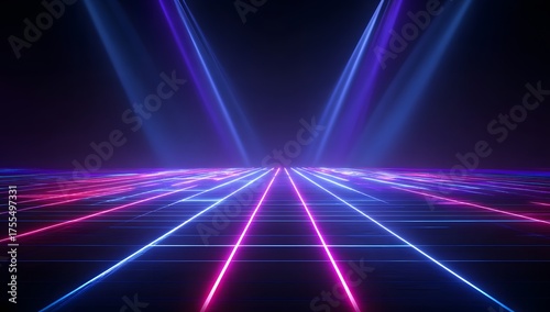 Vibrant neon light streaks illuminate a futuristic digital grid with dramatic upward beams creating an immersive abstract atmosphere