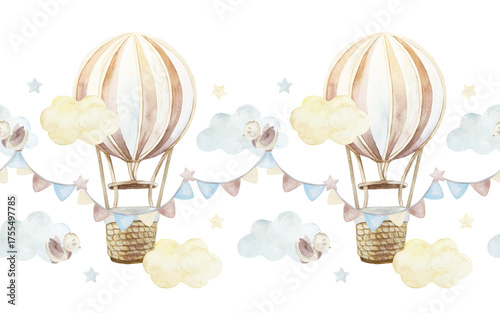 Hot air balloons, clouds, flags and birds seamless border. Hand drawn watercolor illustration isolated. Pastel clip art for birthday cards, baby shower invitations and nursery wallpaper.