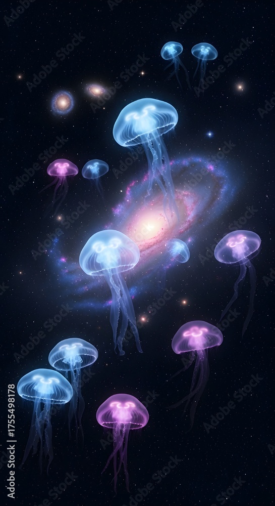 Naklejka premium Jellyfish float gracefully in the vast expanse of space near a galaxy