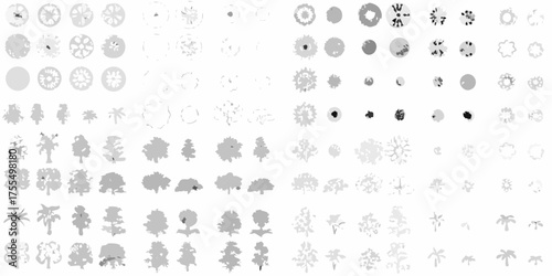 Collection of grayscale top down tree icons and floral elements for architectural design and landscaping projects