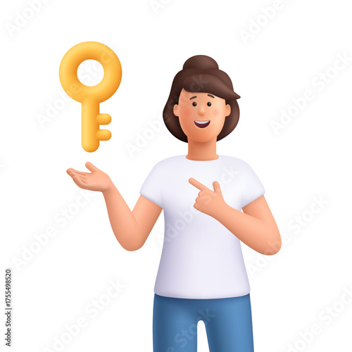 Young smiling woman Jane holding and pointing at golden key. Business, access, success and security concept. Security, safety, protection concept. 3d vector people character. Cartoon minimal style.