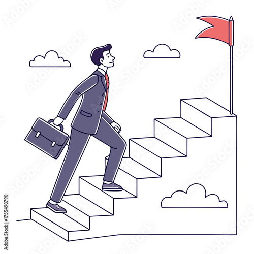 businessman on ladder Businessman climbing stairs toward success, vector flat concept, editable stroke, white background