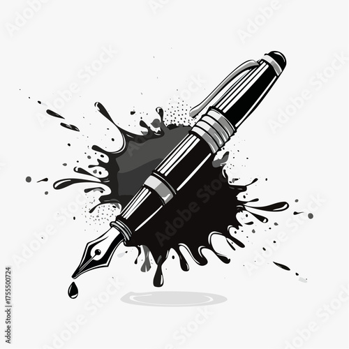 Elegant fountain pen with ink splatter creative writing concept