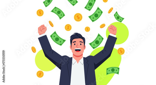 Business Man Celebrates Monetary Success Amidst Falling Currency and Golden Coins
