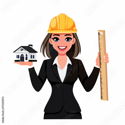 Female architect holding house model and ruler design concept illustration