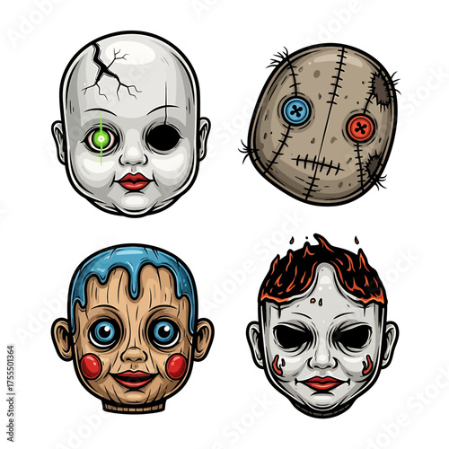 Creepy doll heads: porcelain, rag, wood, and mask with burning hair.