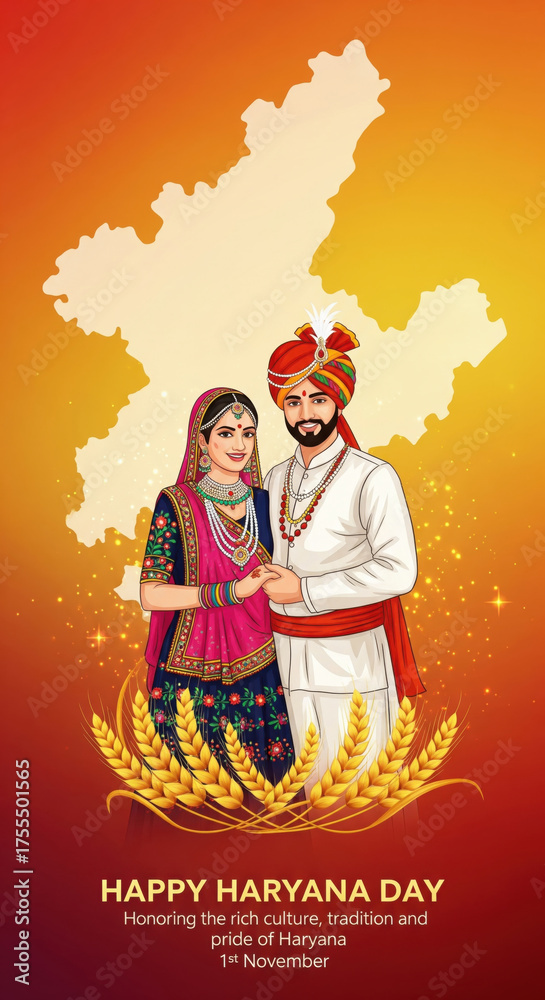 Fototapeta premium Traditional Haryana couple ethnic dress wheat map orange background festive smiling jewelry celebration Indian culture November