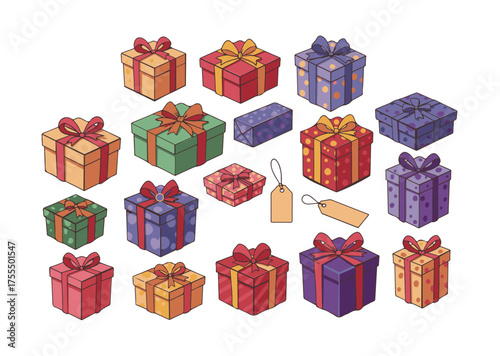 Set of colorful cartoon-style gift boxes with ribbons and bows. Perfect for Christmas, birthday, celebration, holiday design, and festive illustration projects..