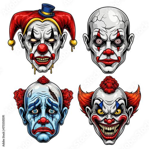 Four distinct and menacing clown faces, each with unique makeup and expressions, rendered in a detailed illustration style.