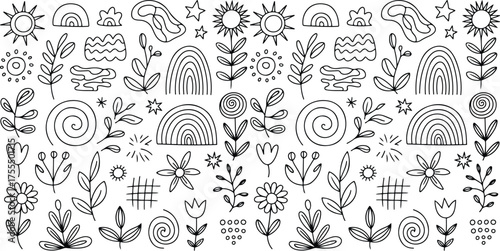 Boho Minimal Seamless Pattern - line art icon set, doodle, boho pattern, floral pattern, line art, hand drawn, abstract, rainbow, sun, moon, floral printable.