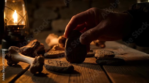 Man's hand selecting and placing ancient rune stones from a collection with bones and a lantern, pagan ritual footage.