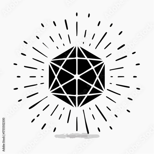 Geometric black shape with radiant lines isolated on white background