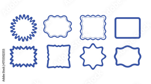 Squiggle frames assortment. Edges that zigzag and wave, retro frames, psychedelic rectangles, photo frames, text boxes, tags, and labels. Vector groovy shapes collection.