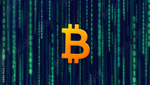 Bitcoin symbol on digital code background
