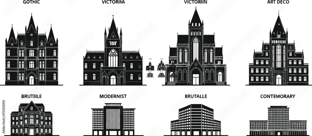 Obraz premium Architectural building silhouettes, Gothic, Victorian, Art Deco, Brutalist, Modernist, Contemporary styles, historic and modern design, cad drawing flat vector 