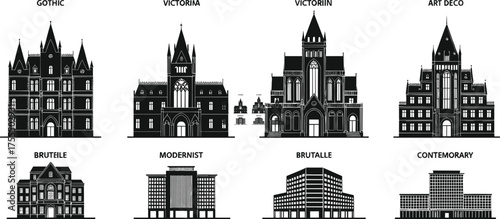 Architectural building silhouettes, Gothic, Victorian, Art Deco, Brutalist, Modernist, Contemporary styles, historic and modern design, cad drawing flat vector 