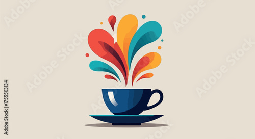 Vector art of blue coffee cup with colorful abstract splashes