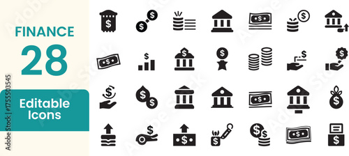 Collection of 28 editable finance and banking icons representing growth money and investment opportunities