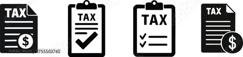 The image features four tax-related documents with dollar signs, highlighting various aspects of tax filing and compliance.