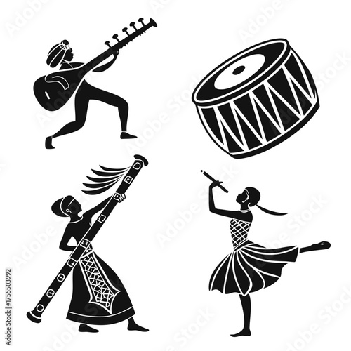 Vector art of silhouette of indian musicians playing traditional instruments