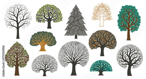 A diverse collection of stylized tree illustrations for nature and design concepts