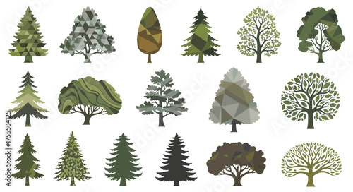 Diverse Collection of Stylized Tree Illustrations for Design and Decor Projects