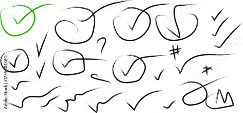 Hand Drawn Check Marks and Symbols on a White Background