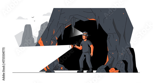 Courageous Explorer Investigating Dramatic Dark Cavern Illuminated by Bright Flashlight