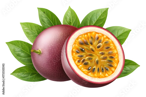 Tropical passion fruit composition featuring one whole fruit and one halved fruit with vibrant pulp and seeds isolated on transparent background