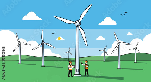 Illustration of engineers inspecting wind turbines in a green energy farm landscape showcasing