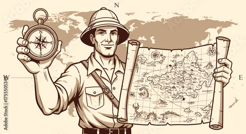 Illustration of an explorer holding a treasure map and compass depicting adventure and travel themes