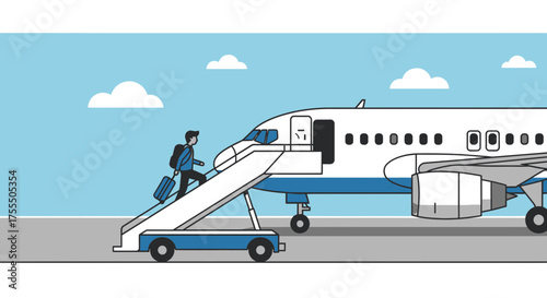 Illustration of passenger boarding an airplane at the airport on a clear day featuring a modern