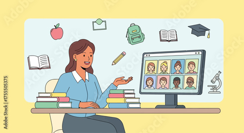 Illustrative depiction of a teacher conducting a virtual classroom session with students