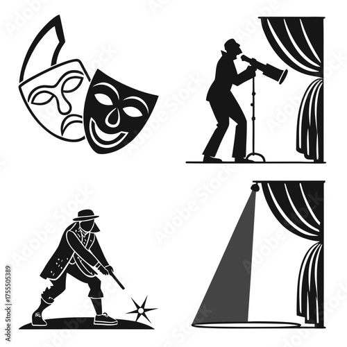 Vector art of silhouetted theatrical performance icons featuring actors, masks, and stage lighting