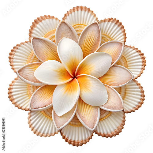 Tropical floral mandala design featuring plumeria and natural scallop seashells isolated on transparent background