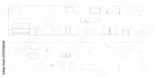 Collection of hand drawn furniture and home decor elements in a minimalist style