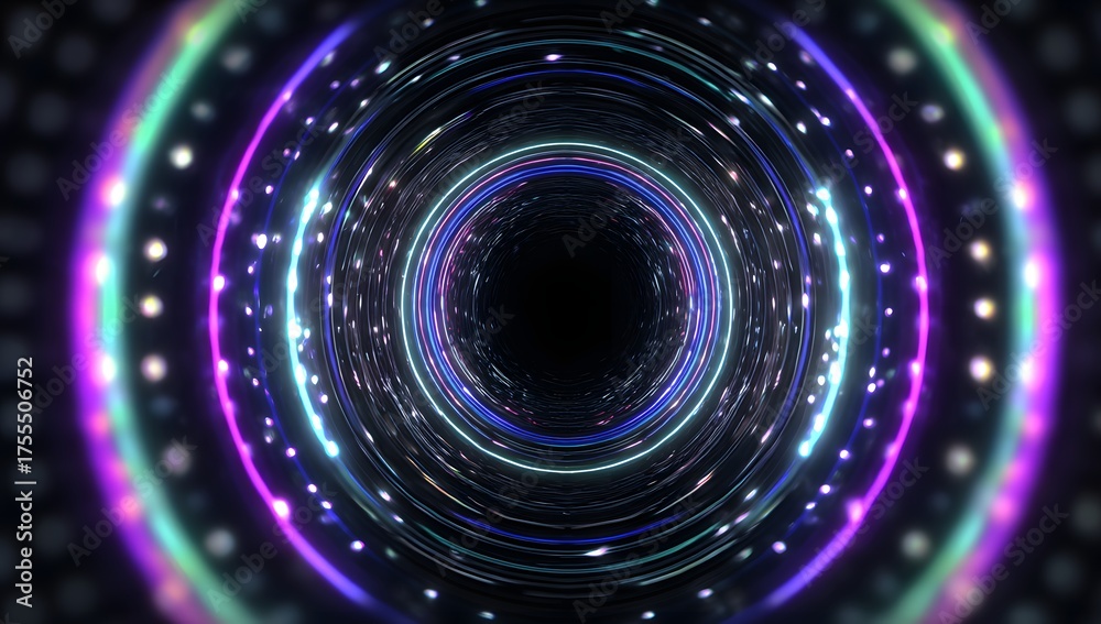 Obraz premium Abstract futuristic tunnel of swirling light and energy with glowing concentric circles and shimmering particles creating a sense of motion and depth