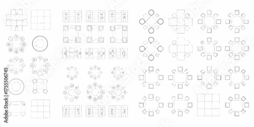 Collection of top down floor plan layouts for various event seating arrangements and table configurations